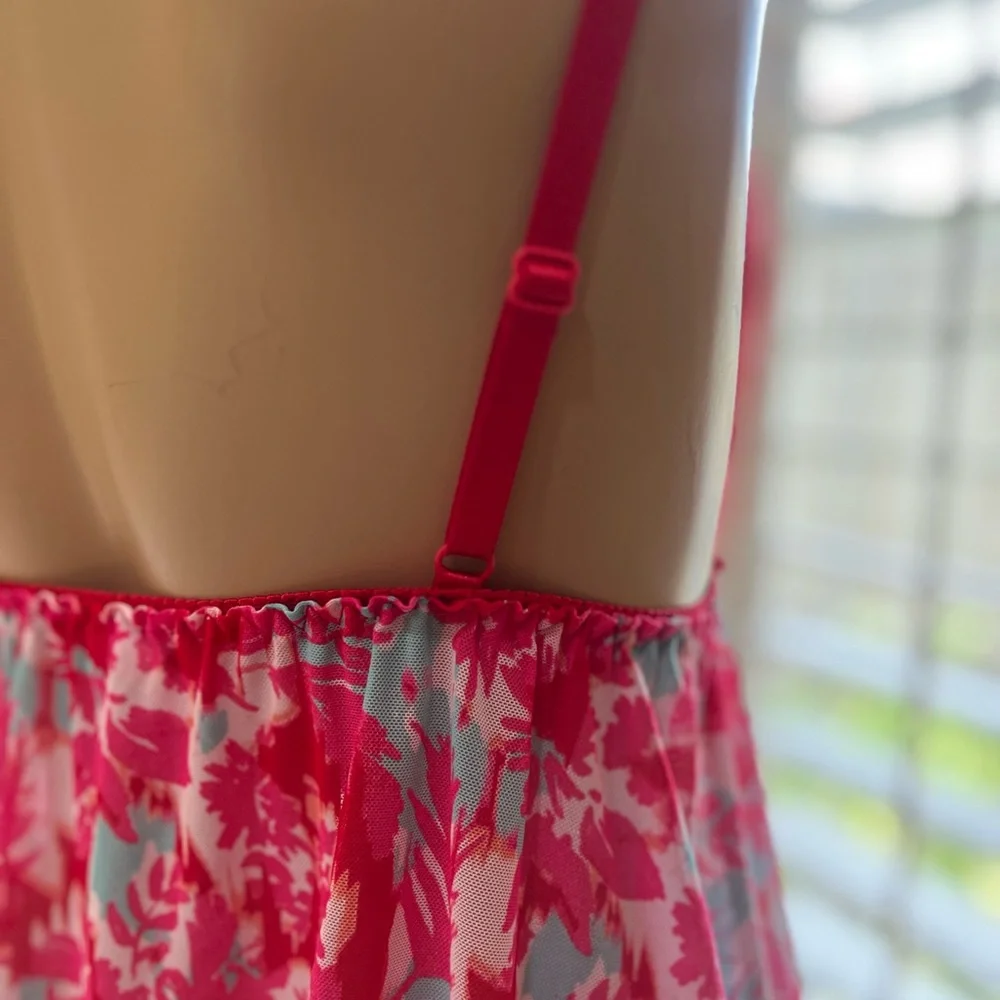Red Floral Babydoll Sheer Adjustable Strap Slip Nineteen Sexy Sleep Dress Medium - Picture 9 of 11